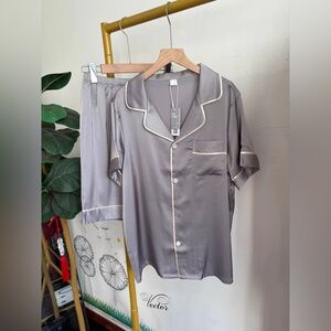 Gray Satin Pajama Set with White Trim